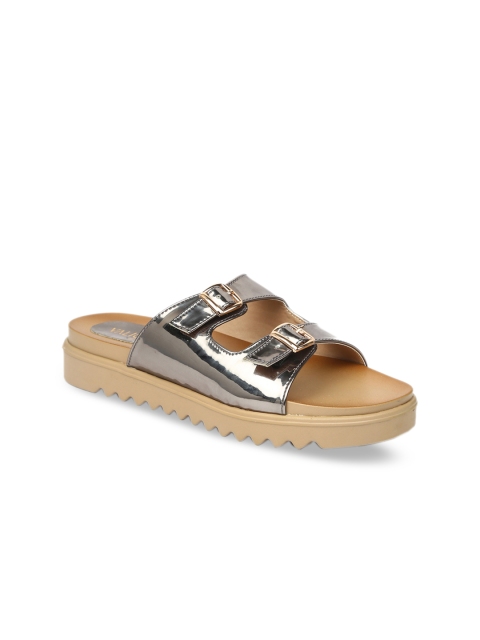 

VALIOSAA Women Grey Solid Synthetic Patent Open Toe Flats