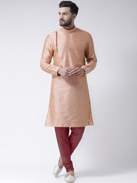 

I Know Men Peach-Coloured Printed Jacquard Silk Straight Kurta