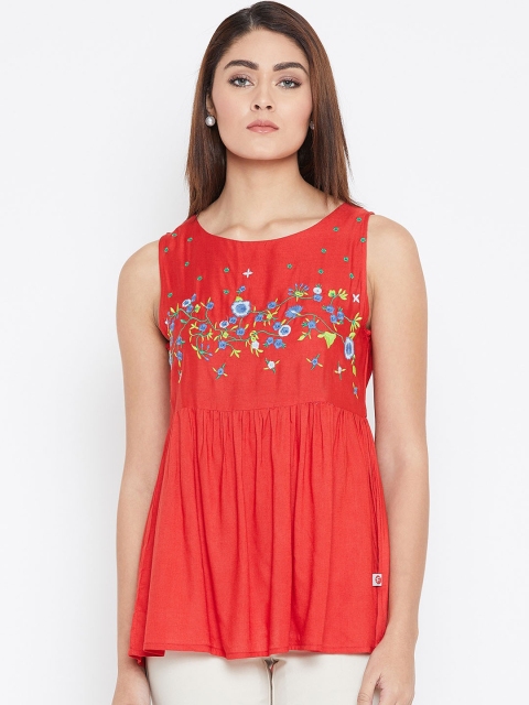 

FIZERA Women Red Floral Embroidered Top
