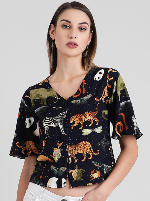 

Zink London Women Navy Blue Printed Crop Top