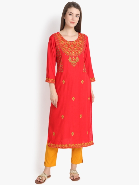 

Prakhya Women Red Embroidered Straight Kurta