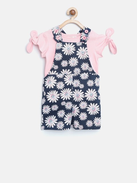 

Nauti Nati Girls Navy Blue Solid T-shirt with Dungaree