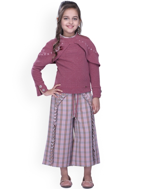 

CUTECUMBER Girls Pink & Blue Self Design Top with Trousers