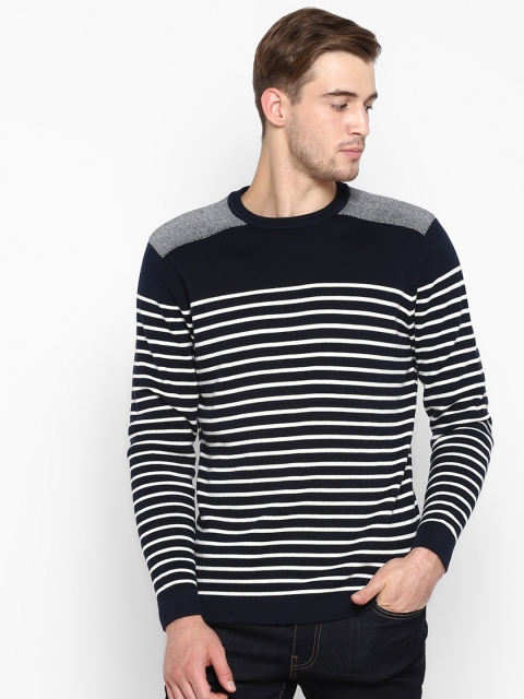 

Red Tape Men Navy Blue & White Striped Sweater
