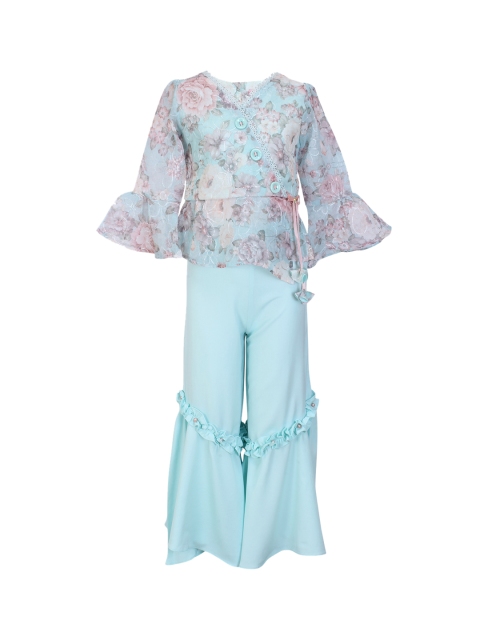 

CUTECUMBER Girls Turquoise Blue & Green Printed Top with Trousers