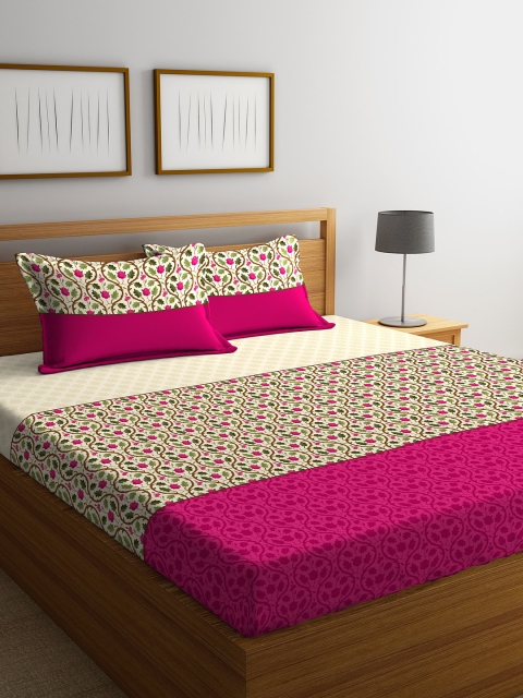 

STELLAR HOME Pink & Beige Floral 104 TC Cotton 1 Queen Bedsheet with 2 Pillow Covers