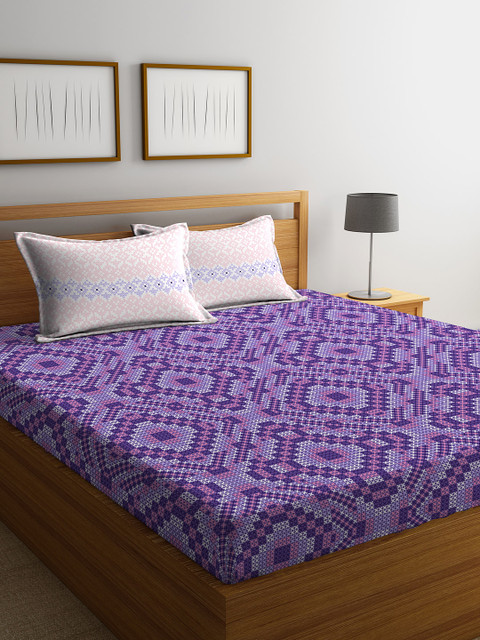 

STELLAR HOME Lavender Abstract 104 TC Cotton 1 Queen Bedsheet with 2 Pillow Covers