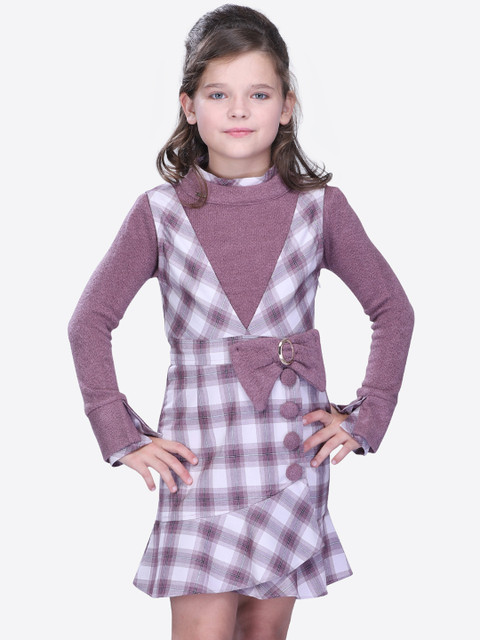

CUTECUMBER Girls Taupe & White Checked Pinafore Dress