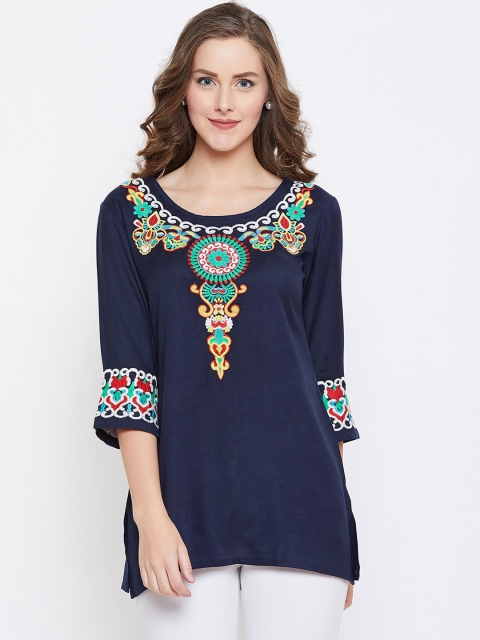 

Fizera Women Navy Blue Embroidered Tunic