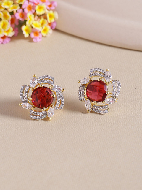 

Voylla Brass-Plated Gold-Toned & Red Handcrafted CZ-Embellished Floral Studs