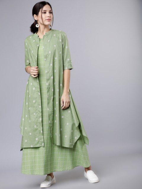 

Vishudh Women Green Checked Maxi Dress With Jacket