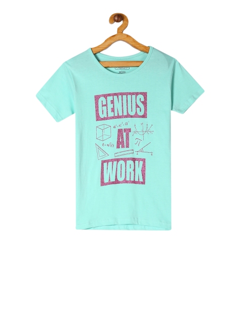 Cherokee Girls Sea Green Glitter Printed Round Neck T-shirt