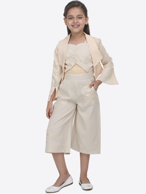 

CUTECUMBER Girls Beige & White Striped Culotte Jumpsuit With Jacket