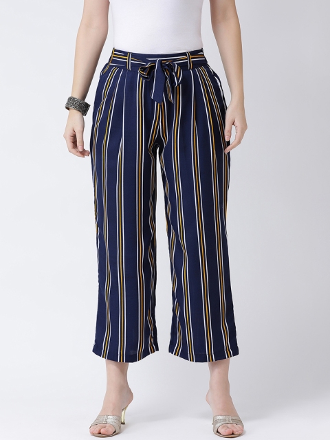 

Castle Women Navy Blue & Mustard Yellow Regular Fit Striped Cropped Regular Trousers