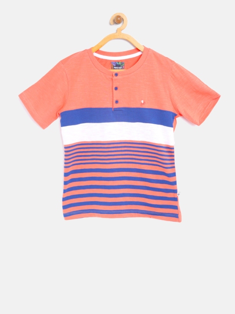 

Nauti Nati Boys Coral Pink & Blue Striped Henley Neck Pure Cotton T-shirt