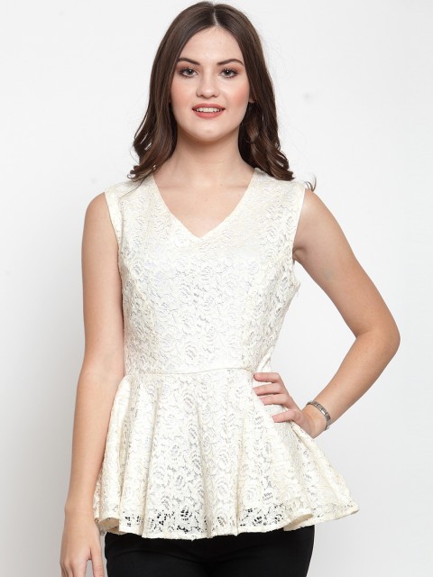 

Just Wow Women Off-White Self Design Peplum Top