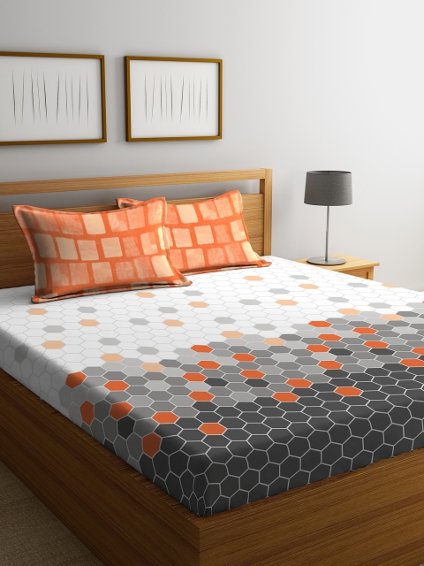 

STELLAR HOME Orange & White Geometric 104 TC Cotton 1 Queen Bedsheet with 2 Pillow Covers