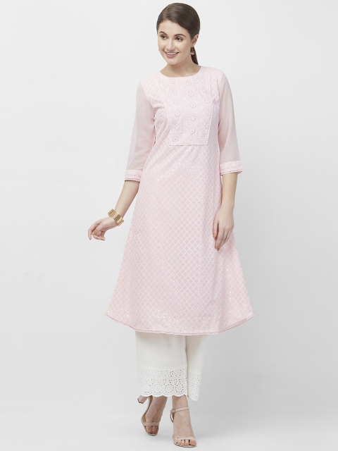 

Naari Women Pink Schiffli Embroidered A-Line Kurta