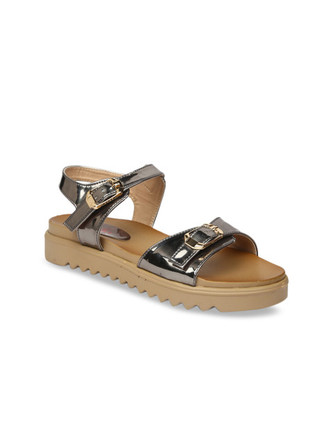 

VALIOSAA Women Grey Solid Synthetic Patent Open Toe Flats