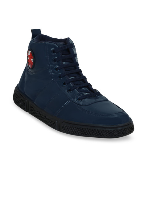 

Get Glamr Men Navy Blue Solid Synthetic Patent High-Top Sneakers