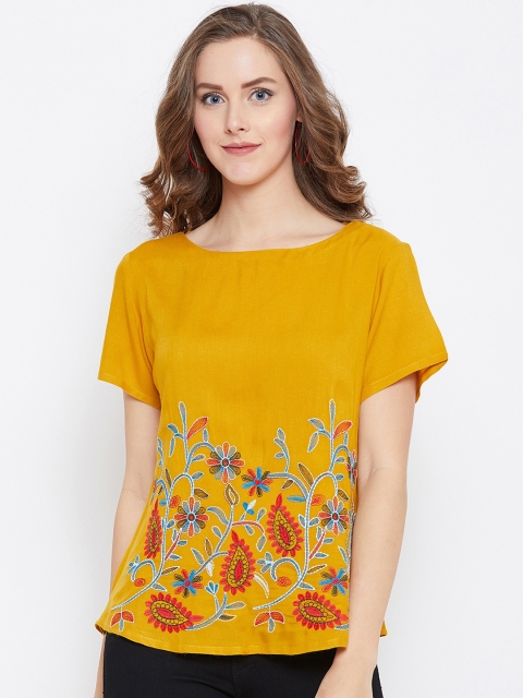 

FIZERA Women Mustard Yellow Embroidered Top