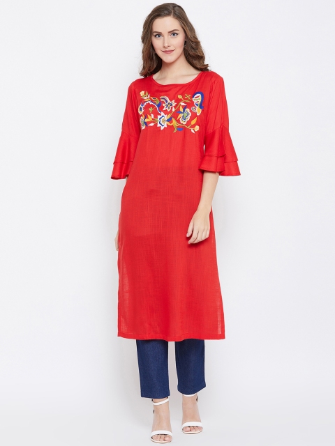 

FIZERA Women Red Floral Embroidered Straight Kurta