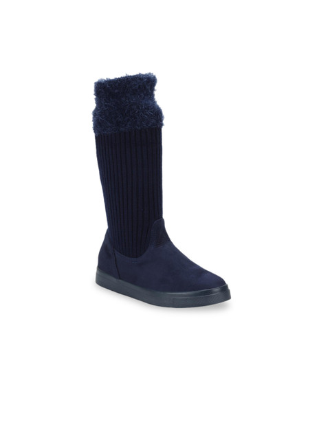 

Flat n Heels Women Navy Blue Woven Design Suede High-Top Flat Boots
