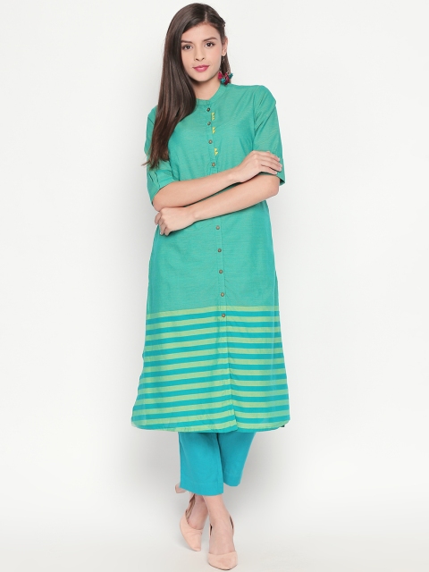 

RANGMANCH BY PANTALOONS Women Green Striped Straight Kurta