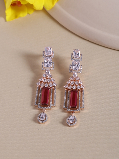 

Voylla Brass-Plated Gold-Toned & Pink Contemporary Handcrafted CZ-Studded Drop Earrings