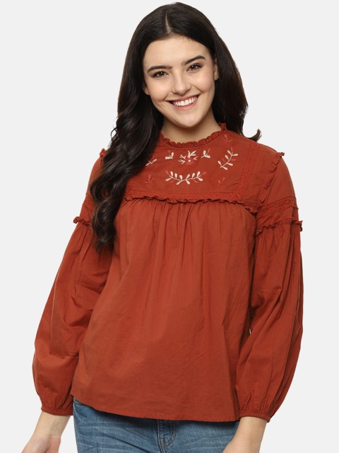 

Van Heusen Woman Brown Embroidered A-Line Top