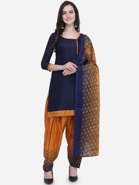 

Satrani Navy Blue & Orange Cotton Blend Unstitched Dress Material