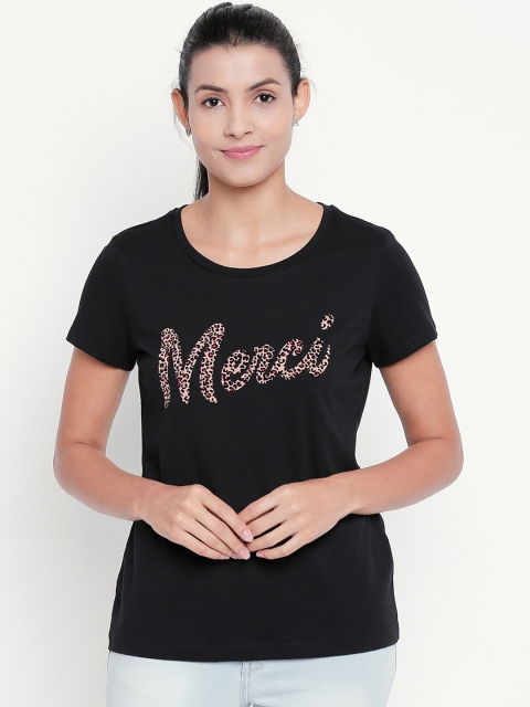 

Honey by Pantaloons Women Black Printed Round Neck Pure Cotton T-shirt