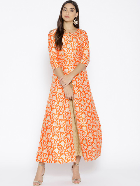 

Cottinfab Women Orange & Gold-Toned Floral Printed Straight Kurta