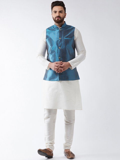 

SOJANYA Men Off-White & Blue Self Design Kurta with Churidar & Nehru Jacket