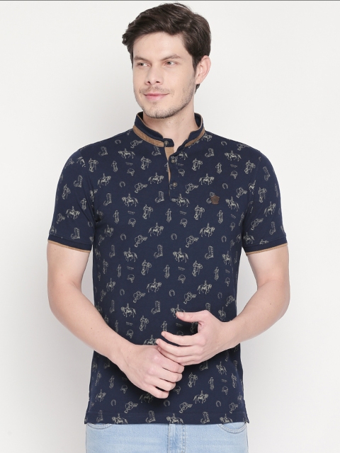

BYFORD by Pantaloons Men Navy Blue Printed Mandarin Collar T-shirt