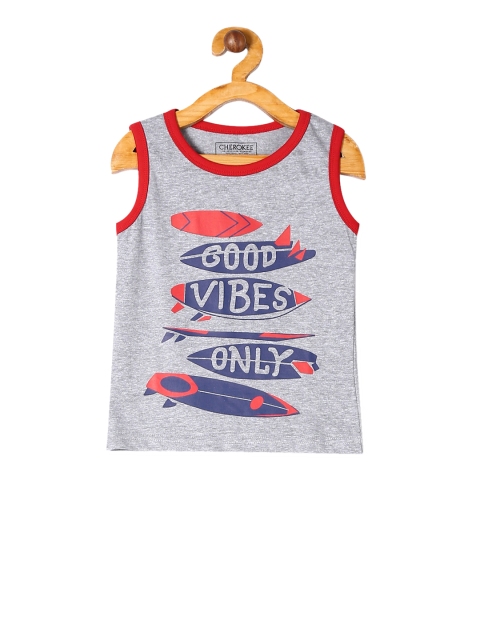 Cherokee Boys Grey Melange Printed Round Neck Sleeveless T-shirt