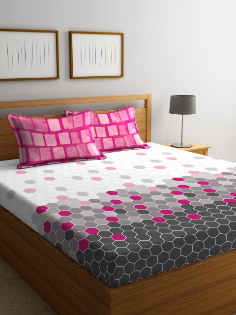 

STELLAR HOME Pink & White Geometric 104 TC Cotton 1 Queen Bedsheet with 2 Pillow Covers