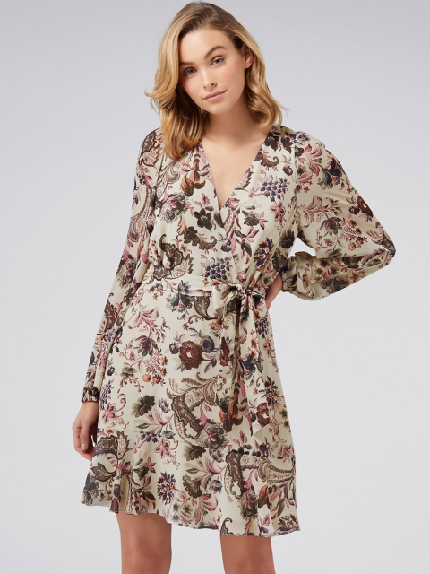 

Forever New Beige Floral Print Wrap Dress
