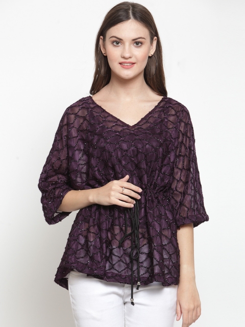 

Just Wow Women Purple Embellished Cinched Waist Top
