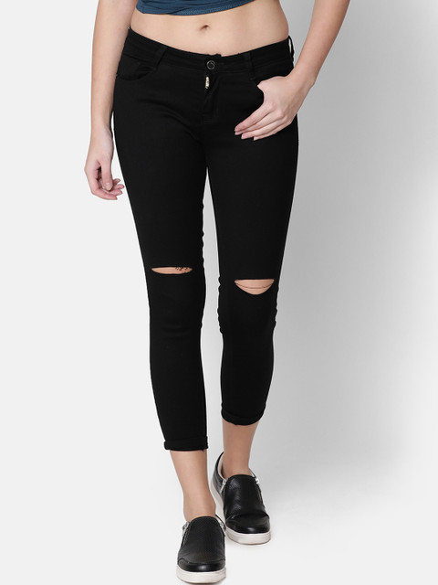 

ZHEIA Women Black Skinny Fit Mid-Rise Slash Knee Stretchable Cropped Jeans