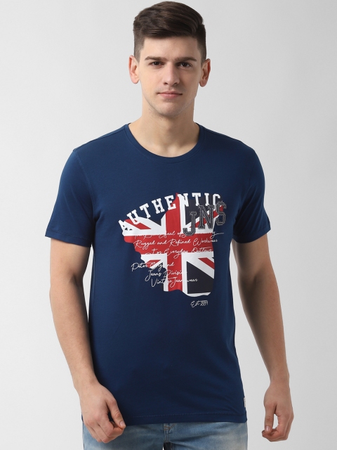 

Peter England Casuals Men Blue Printed Round Neck Slim Fit T-shirt
