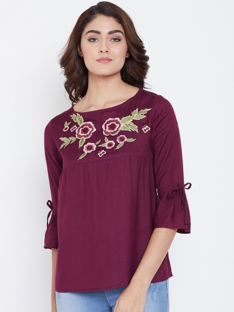 

FIZERA Women Purple Embroidered Empire Top