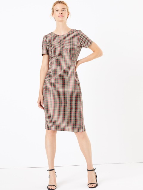 

Marks & Spencer Women Camel Brown & Maroon Checked Sheath Dress