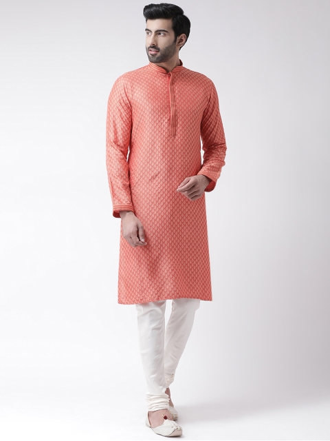 

KISAH Men Coral & White Self Design Jaquard Woven Kurta with Churidar