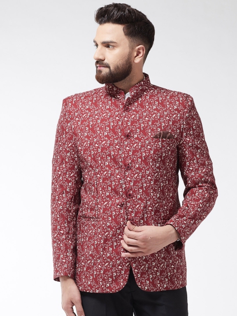 

SOJANYA Men Maroon & Off-White Printed Bandhgala Blazer