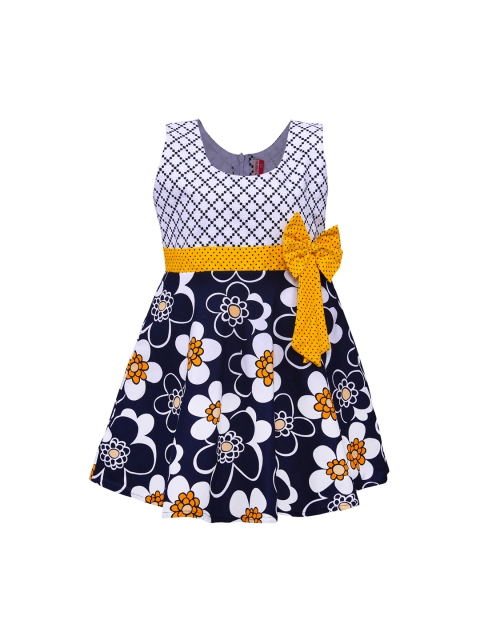 

Wish Karo Girls White & Navy Blue Floral Printed Fit and Flare Dress With Hairband