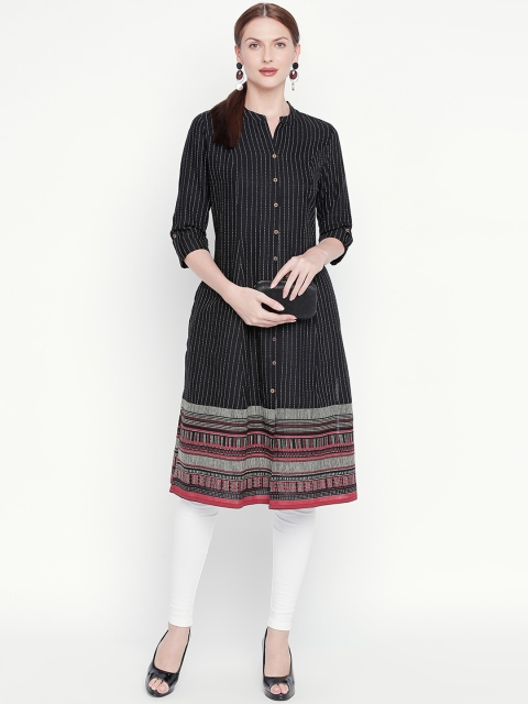 

RANGMANCH BY PANTALOONS Women Black Striped Straight Kurta