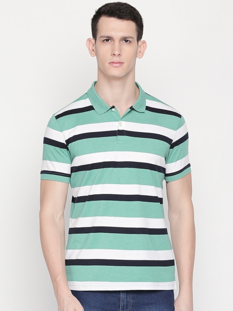

BYFORD by Pantaloons Men Green & White Striped Polo Collar T-shirt