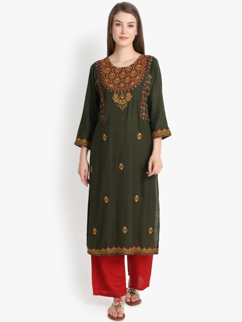 

Prakhya Women Green Embroidered Straight Kurta