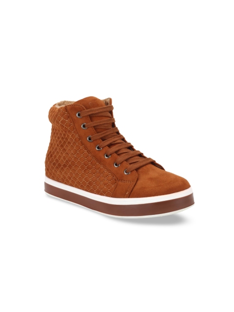 

Flat n Heels Women Tan Solid Suede Mid-Top Sneakers